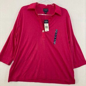 New Chaps Pink Cotton Stretch Collar 3/4 Sleeve Popover Blouse Preppy Office 2X
